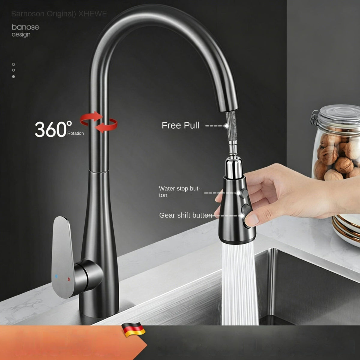 Kitchen Sink Faucet with Pull-Out Sprayer, Extendable Hot & Cold Mixer Tap, 360° Swivel