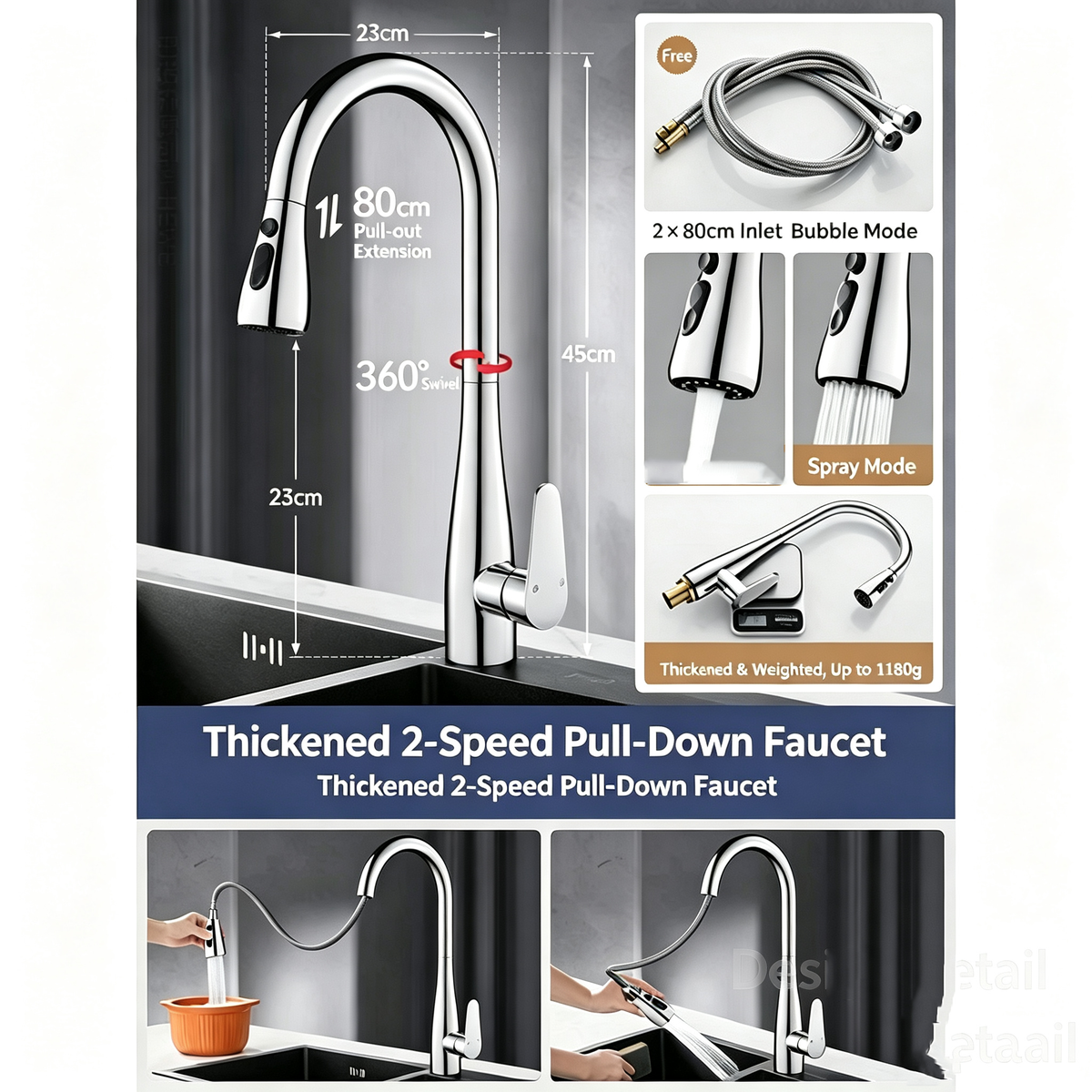 Kitchen Sink Faucet with Pull-Out Sprayer, Extendable Hot & Cold Mixer Tap, 360° Swivel