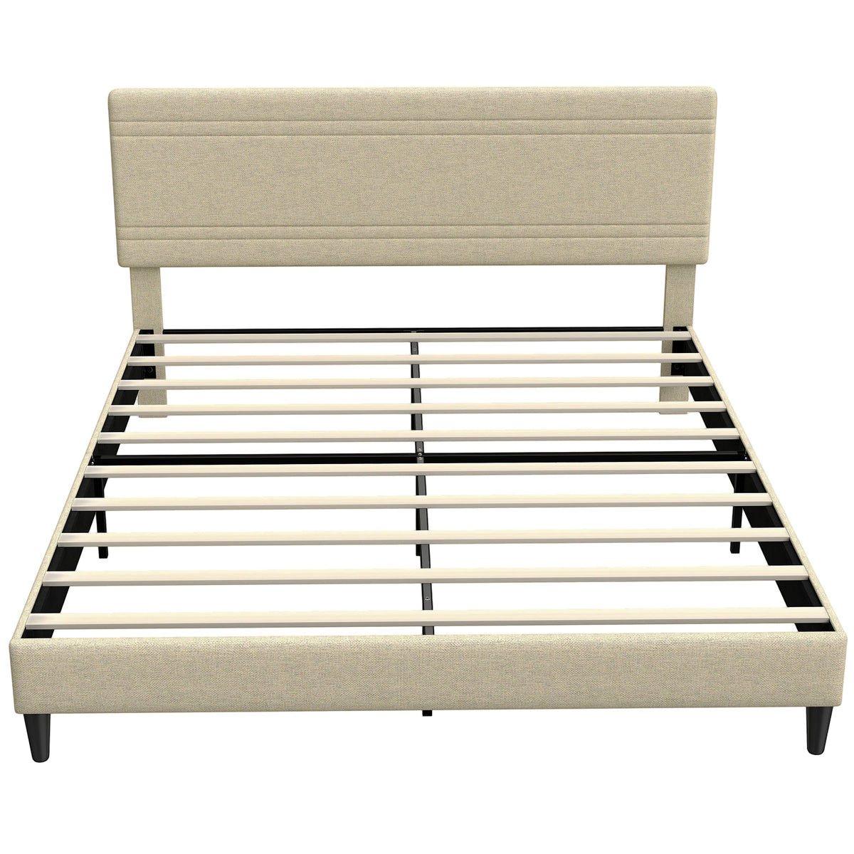 Cadre de Lit 160 x 200 cm avec Sommier en Bois, Rembourré en Effet Lin, Cadre en Acier, 9 Pieds Robustes, Beige
