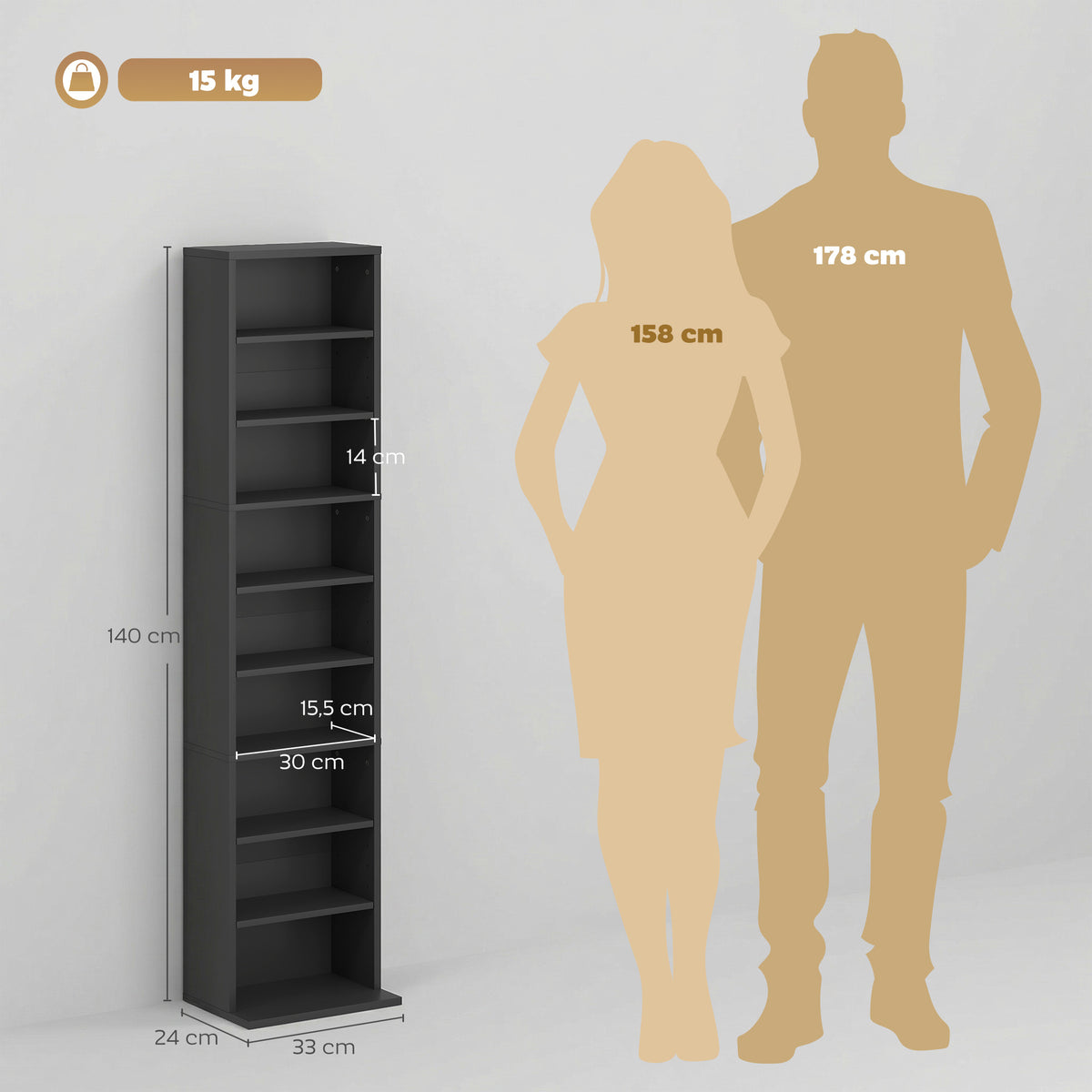 Rangements pour CD et DVD 9 compartiments et 6 étagères réglables capacité max. 260 CD/120 DVD 33 x 24 x 140 cm noir