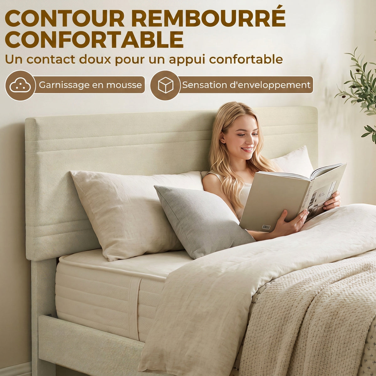 Cadre de Lit 160 x 200 cm avec Sommier en Bois, Rembourré en Effet Lin, Cadre en Acier, 9 Pieds Robustes, Beige