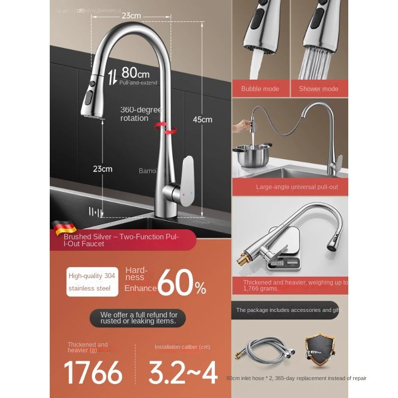 Kitchen Sink Faucet with Pull-Out Sprayer, Extendable Hot & Cold Mixer Tap, 360° Swivel