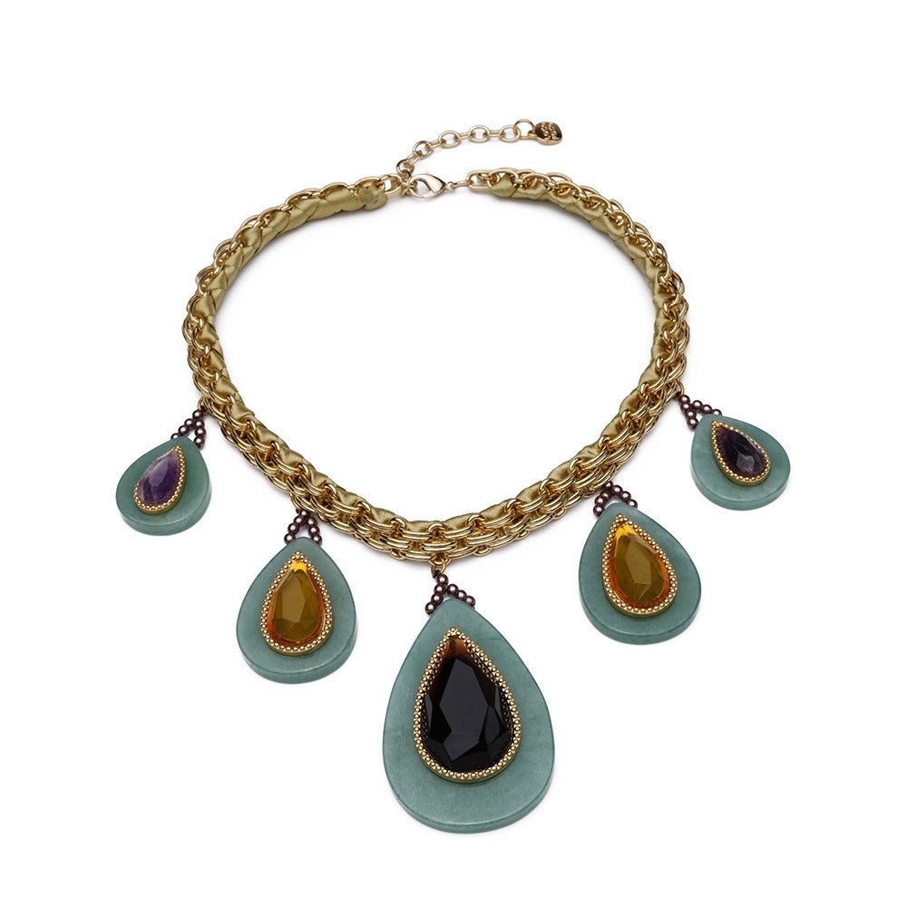 European and American retro heavy-duty woven Cuban thick chain natural stone droplet malachite green exaggerated luxury necklace