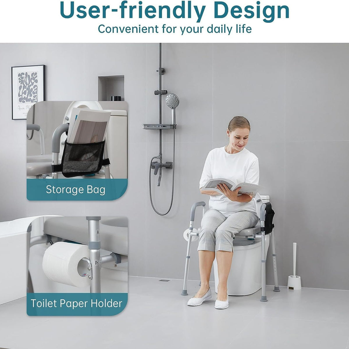 Four-in-One Toilet Chair with Safety Handle, Height-Adjustable Backrest, Commode Chair, Shower Bath Chair