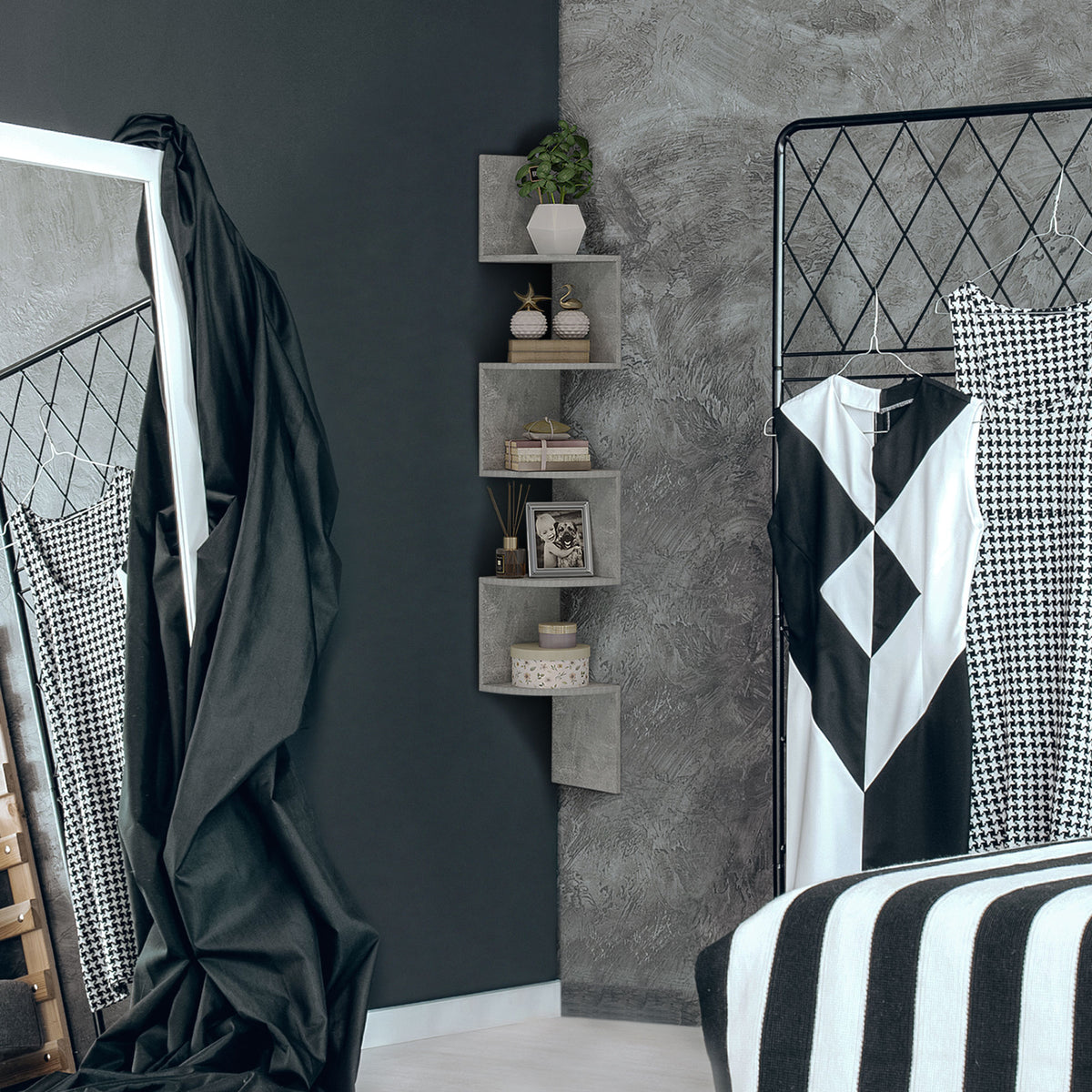 Étagère d'angle Murale de Rangement Forme Zigzag 20L x 20l x 126H cm 5 Niveaux Bois Gris
