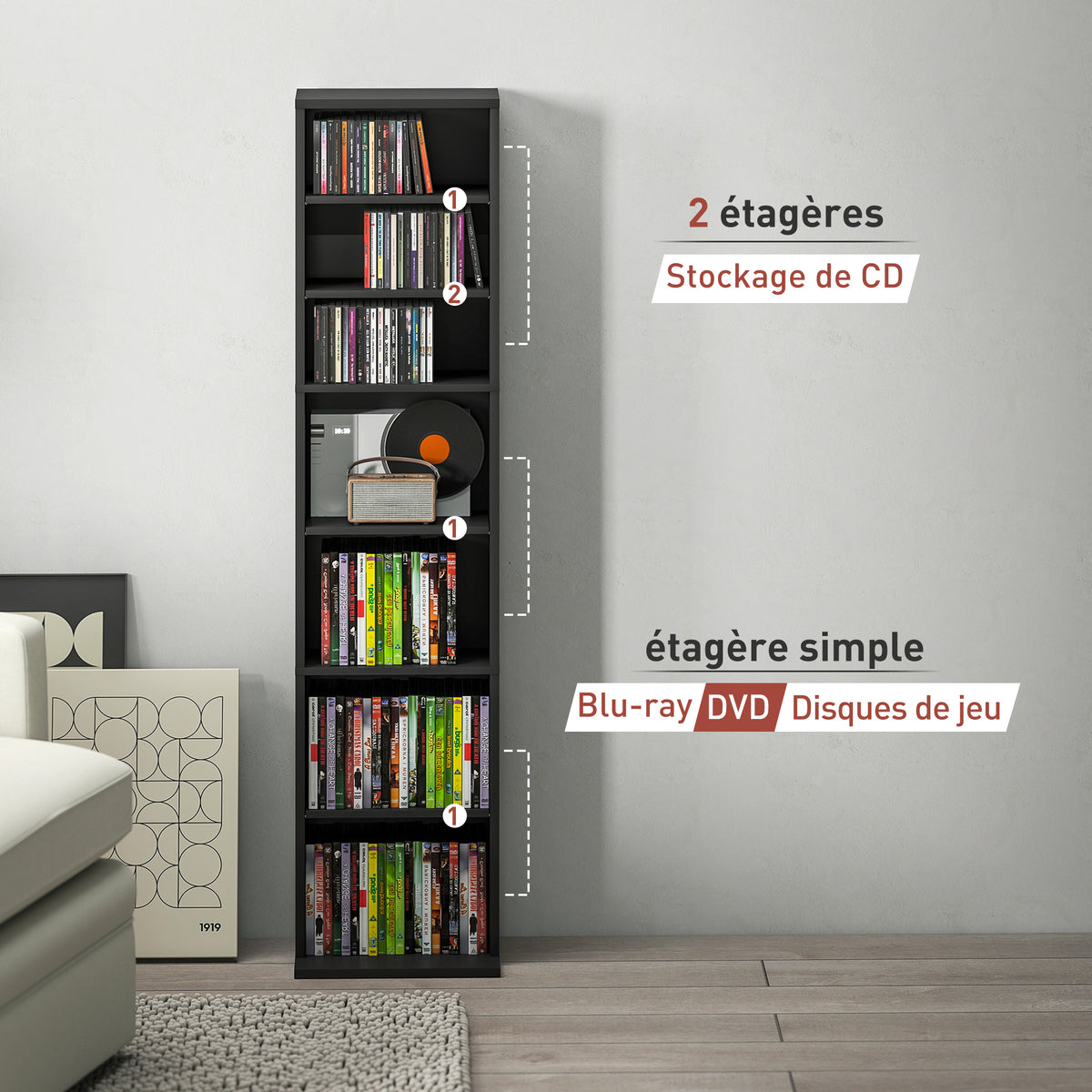 Rangements pour CD et DVD 9 compartiments et 6 étagères réglables capacité max. 260 CD/120 DVD 33 x 24 x 140 cm noir