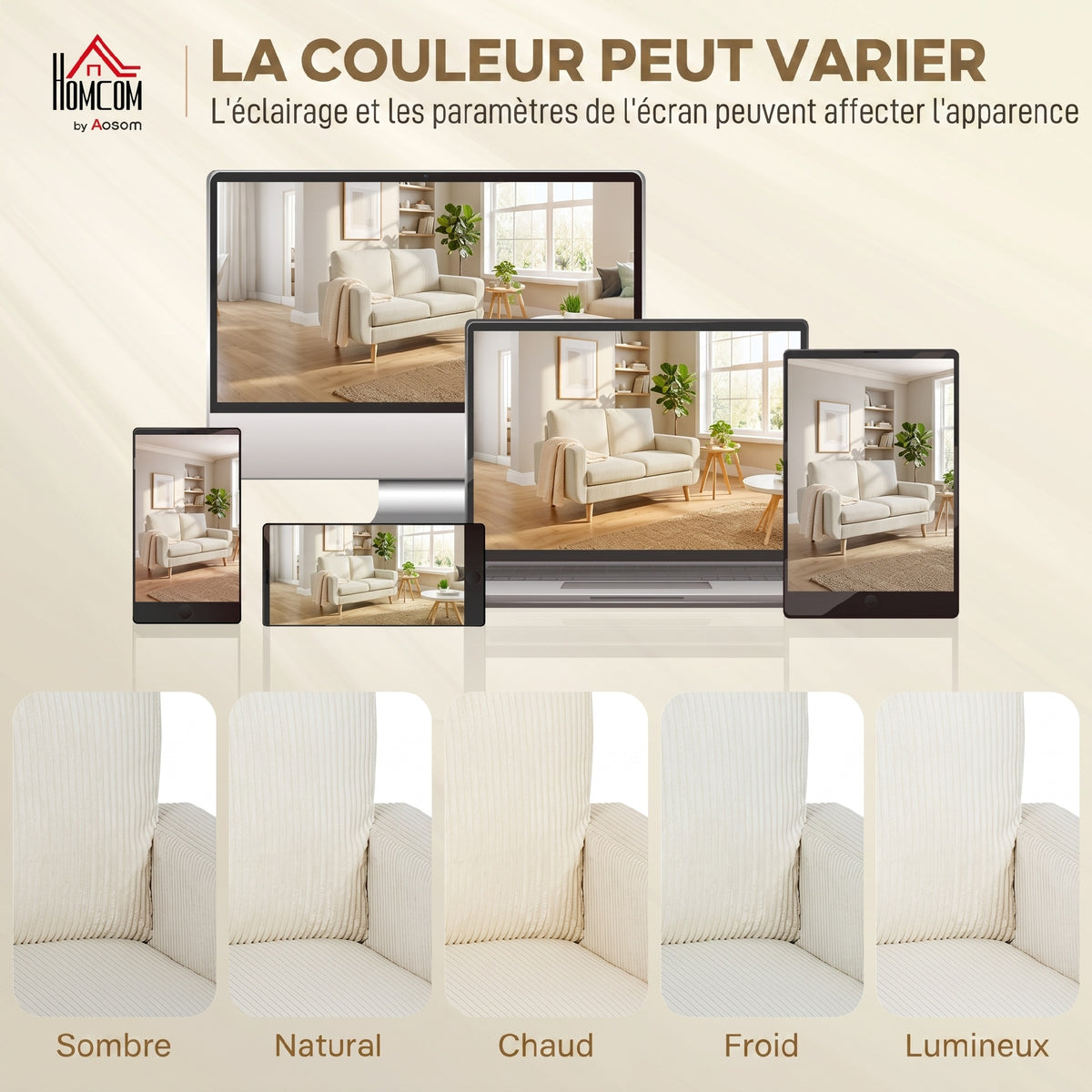 Canapé 2 places en velours côtelé, canapé de salon moderne 134 cm, assise rembourrée, coussin à ressorts, crème