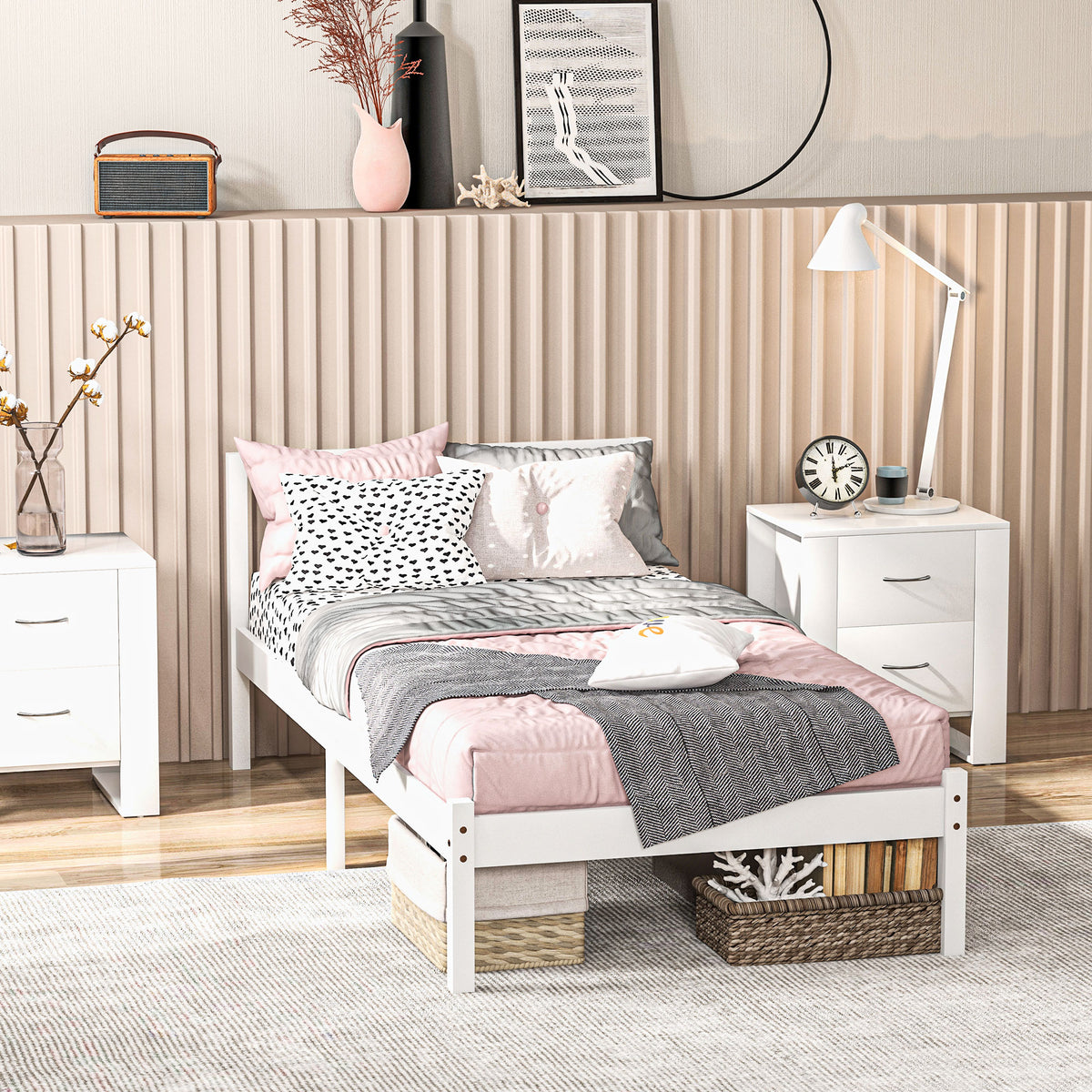 Cadre de lit en bois massif 90x190 cm lit simple avec tête de lit et sommier à lattes solide pour enfants adultes