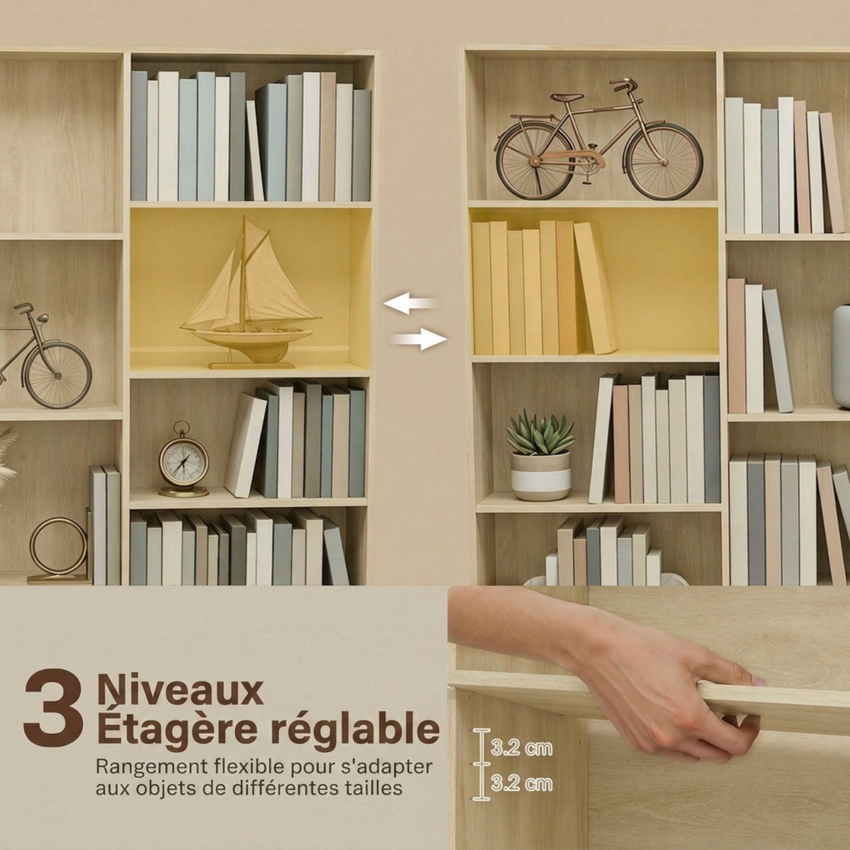 Bibliothèque 6 Niveaux, Étagère de Rangement avec 17 Compartiments et Étagères Réglables, 149 x 23,6 x 188 cm, Chêne