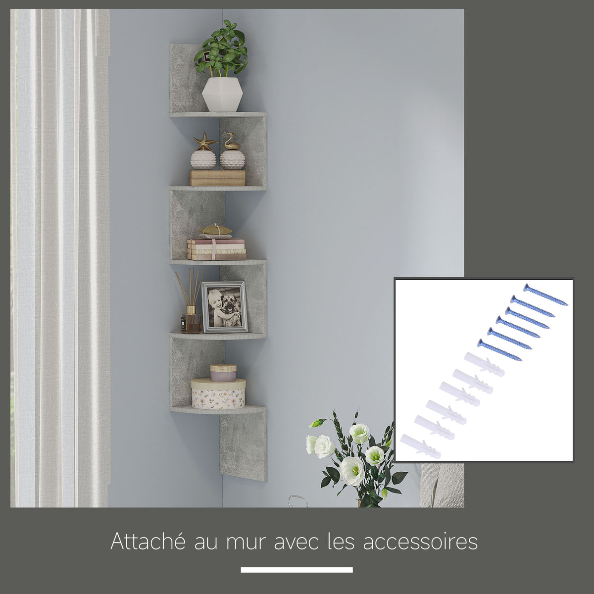 Étagère d'angle Murale de Rangement Forme Zigzag 20L x 20l x 126H cm 5 Niveaux Bois Gris