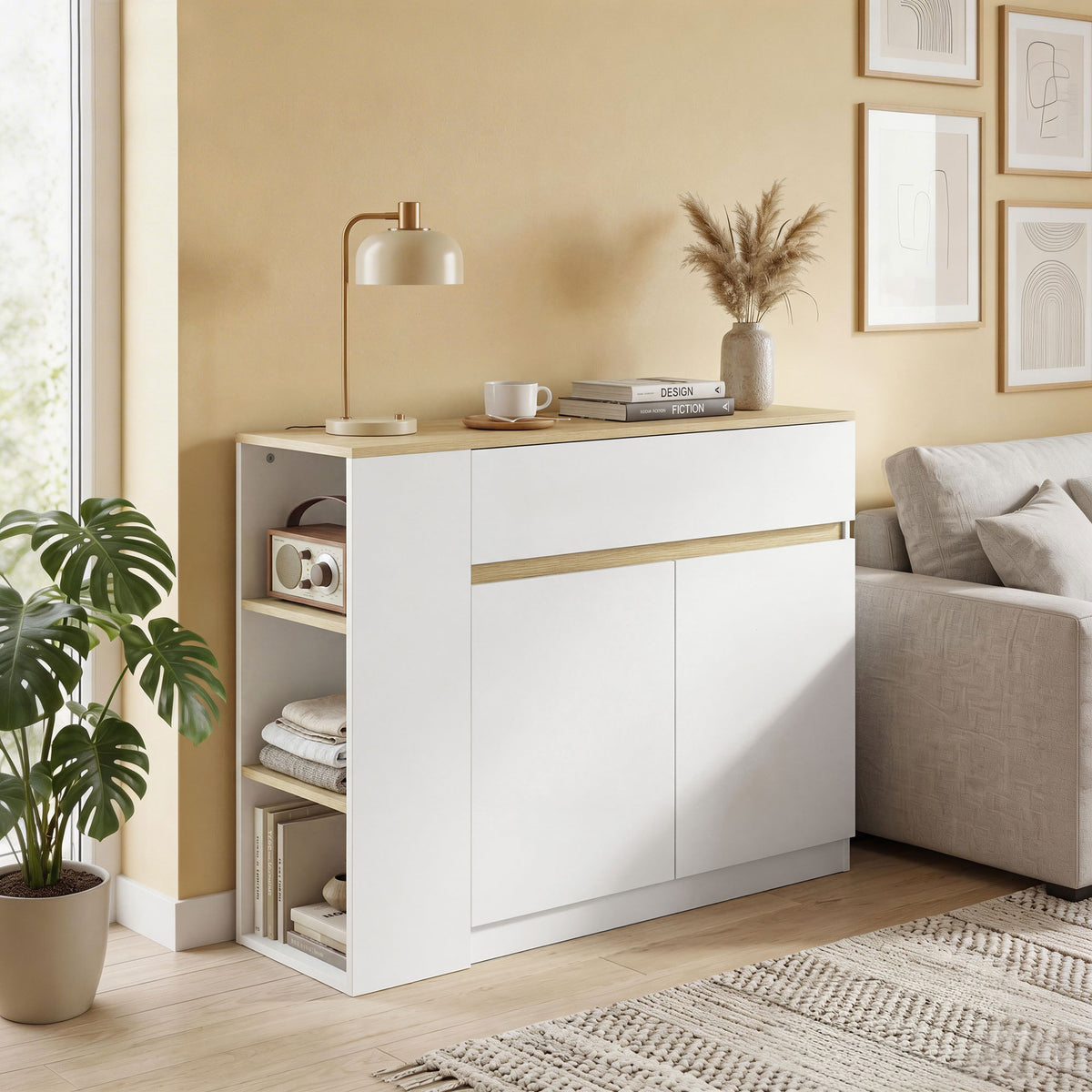 Buffet meuble de rangement avec 2 tiroirs 3 étagères ouvertes et placard 2 portes 110 x 29,5 x 82 cm blanc