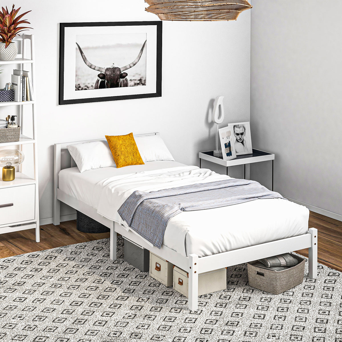 Cadre de lit en bois massif 90x190 cm lit simple avec tête de lit et sommier à lattes solide pour enfants adultes