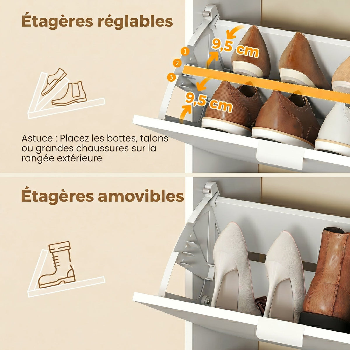 Meuble à chaussures 16 paires armoire à chaussures 4 tiroirs rabattables 2 portes en miroir étagères réglables blanc