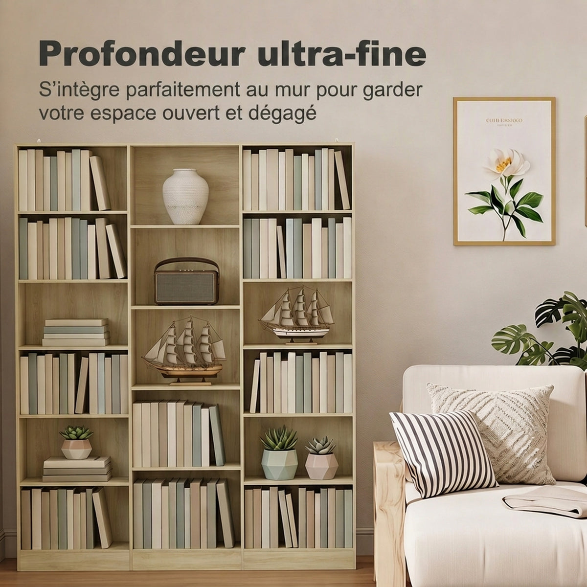 Bibliothèque 6 Niveaux, Étagère de Rangement avec 17 Compartiments et Étagères Réglables, 149 x 23,6 x 188 cm, Chêne