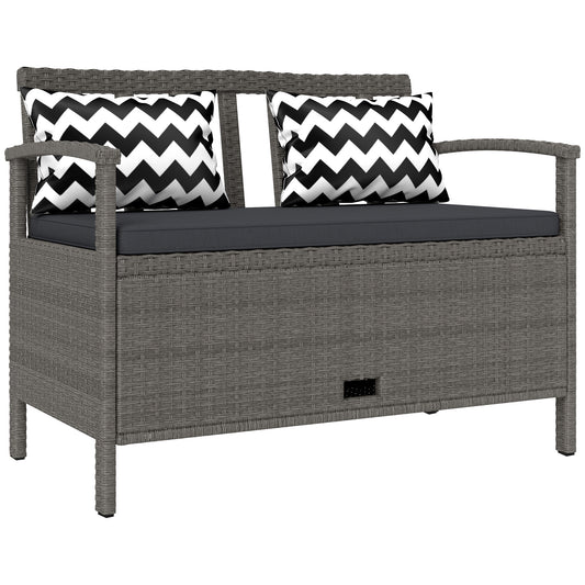 Banc extérieur jardin 2 places banc de rangement 160L en rotin PE avec coussin 2 oreillers 112 x 62 x 82 cm gris