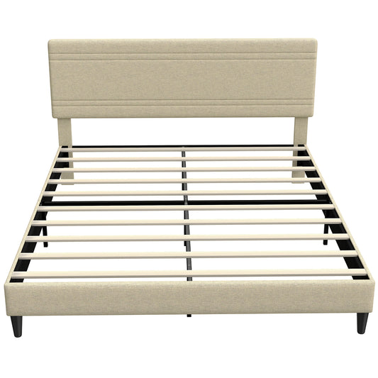 Cadre de Lit 160 x 200 cm avec Sommier en Bois, Rembourré en Effet Lin, Cadre en Acier, 9 Pieds Robustes, Beige