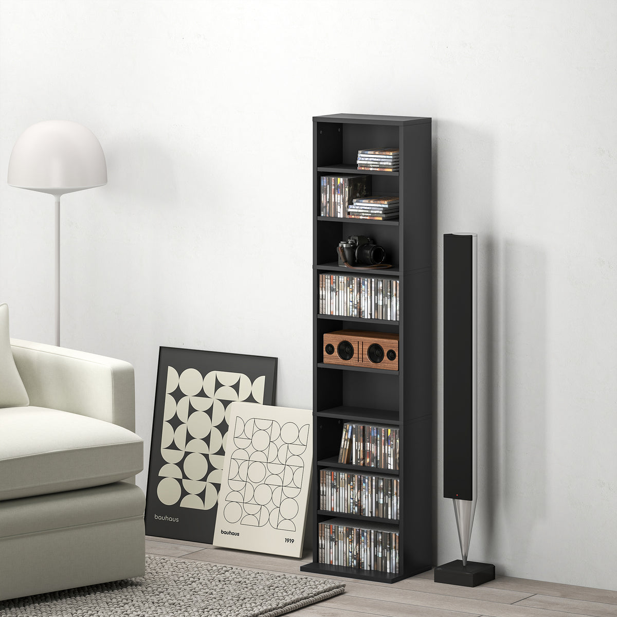 Rangements pour CD et DVD 9 compartiments et 6 étagères réglables capacité max. 260 CD/120 DVD 33 x 24 x 140 cm noir