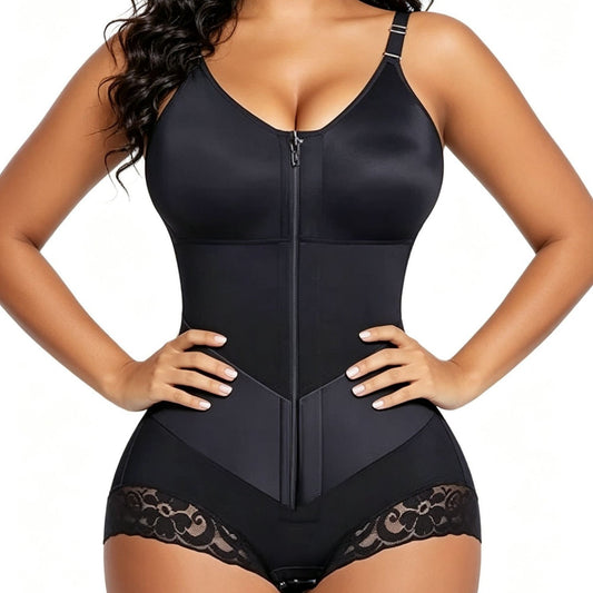 High Waist Lace Trim Shapewear Brief with Thin Straps, Front Zip Diagonal Elastic Waist