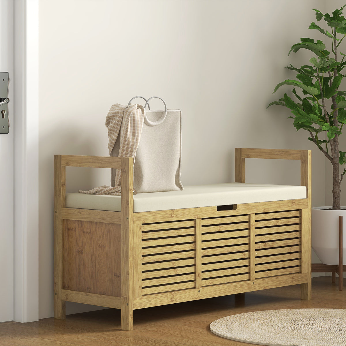 Banc de rangement avec compartiment caché sous assise pour entrée coussin et accoudoir 100 x 40 x 60 cm naturel