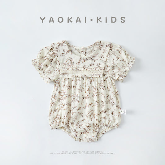 Infant Floral Romper Baby Girl Short Sleeve Lace Collar Onesie Lightweight Bodysuit Summer Outfit