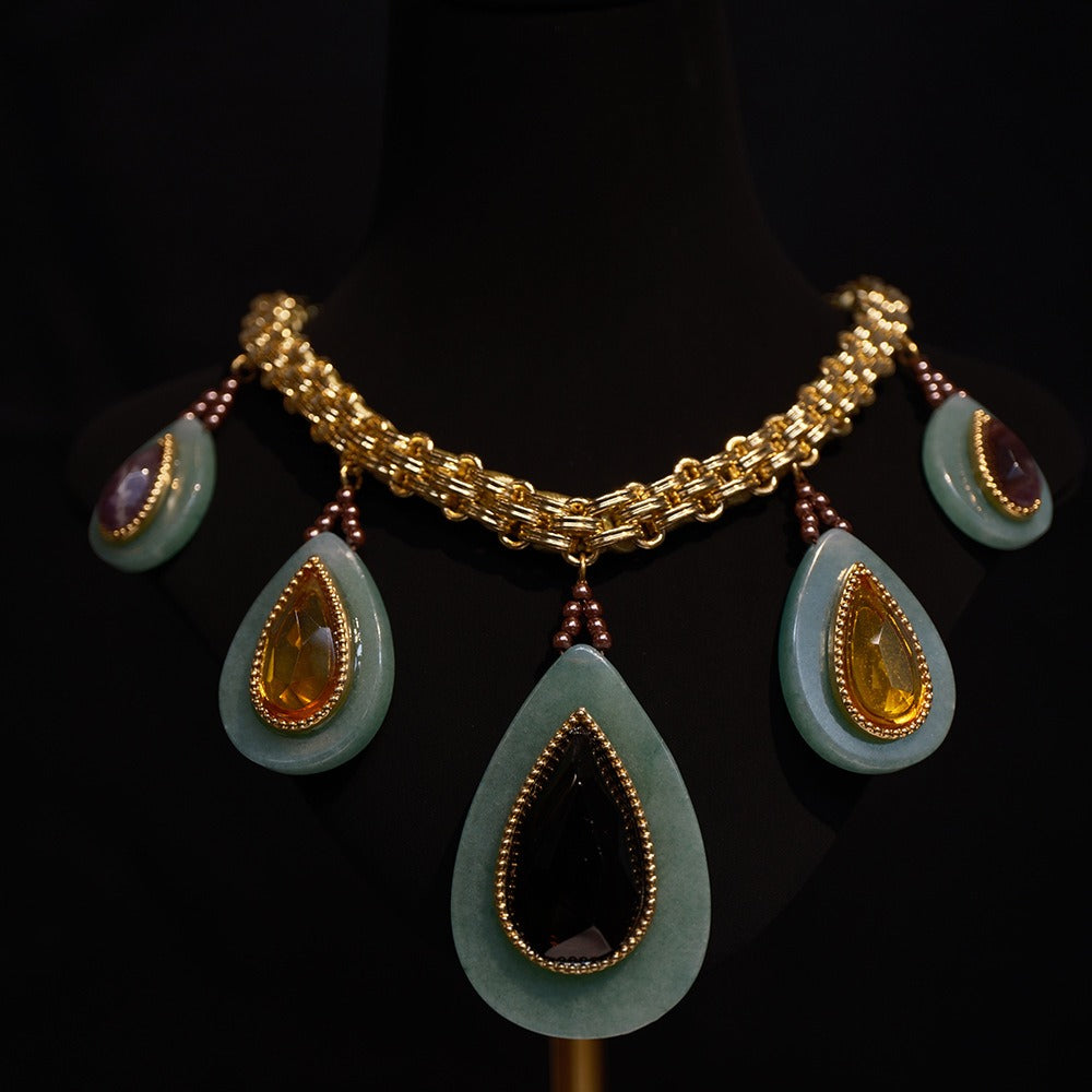European and American retro heavy-duty woven Cuban thick chain natural stone droplet malachite green exaggerated luxury necklace