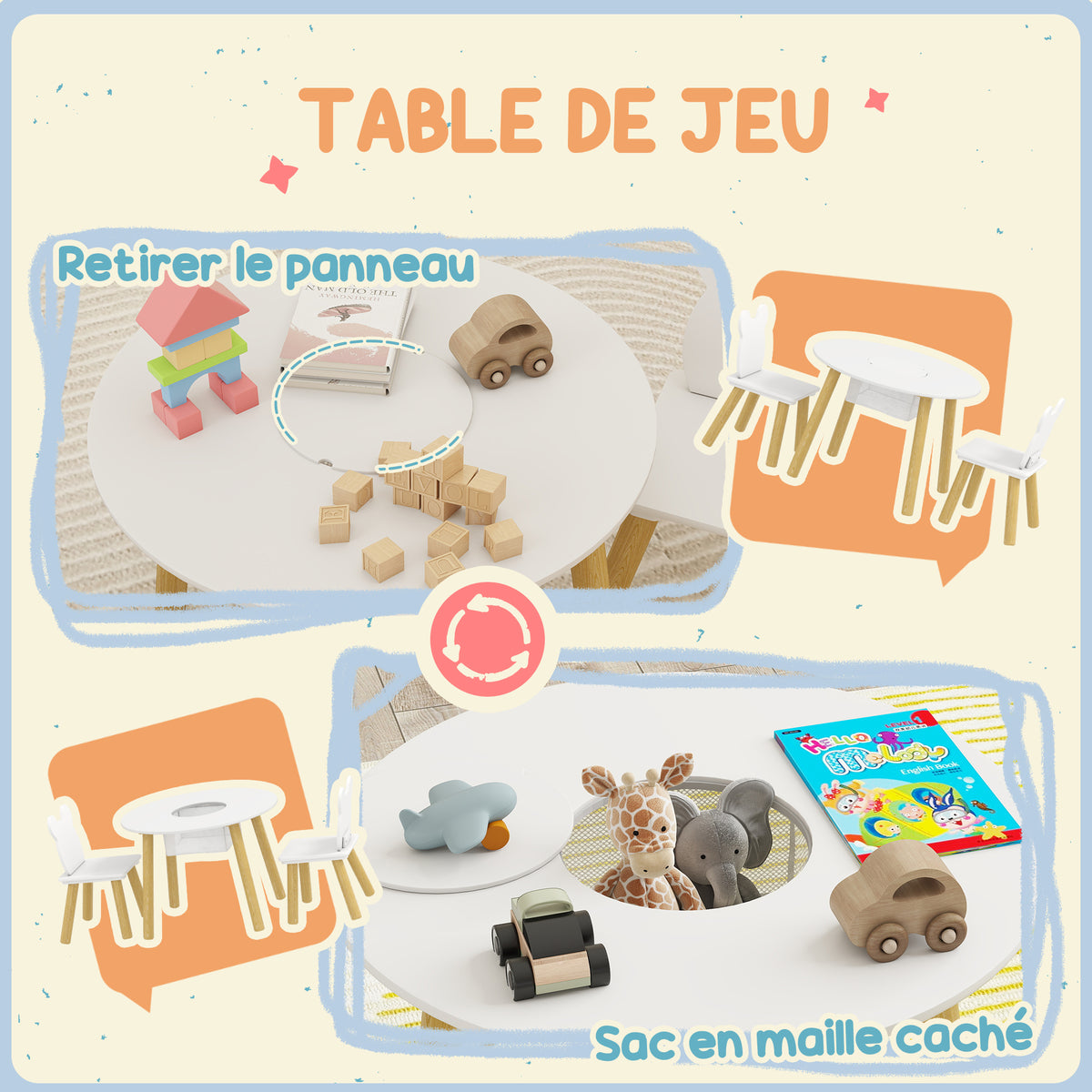 Ensemble 1 table ronde, 2 chaises pour enfant 3 pièces, dossier en forme d'ours, activités, bricolage, repas, 3-6 ans