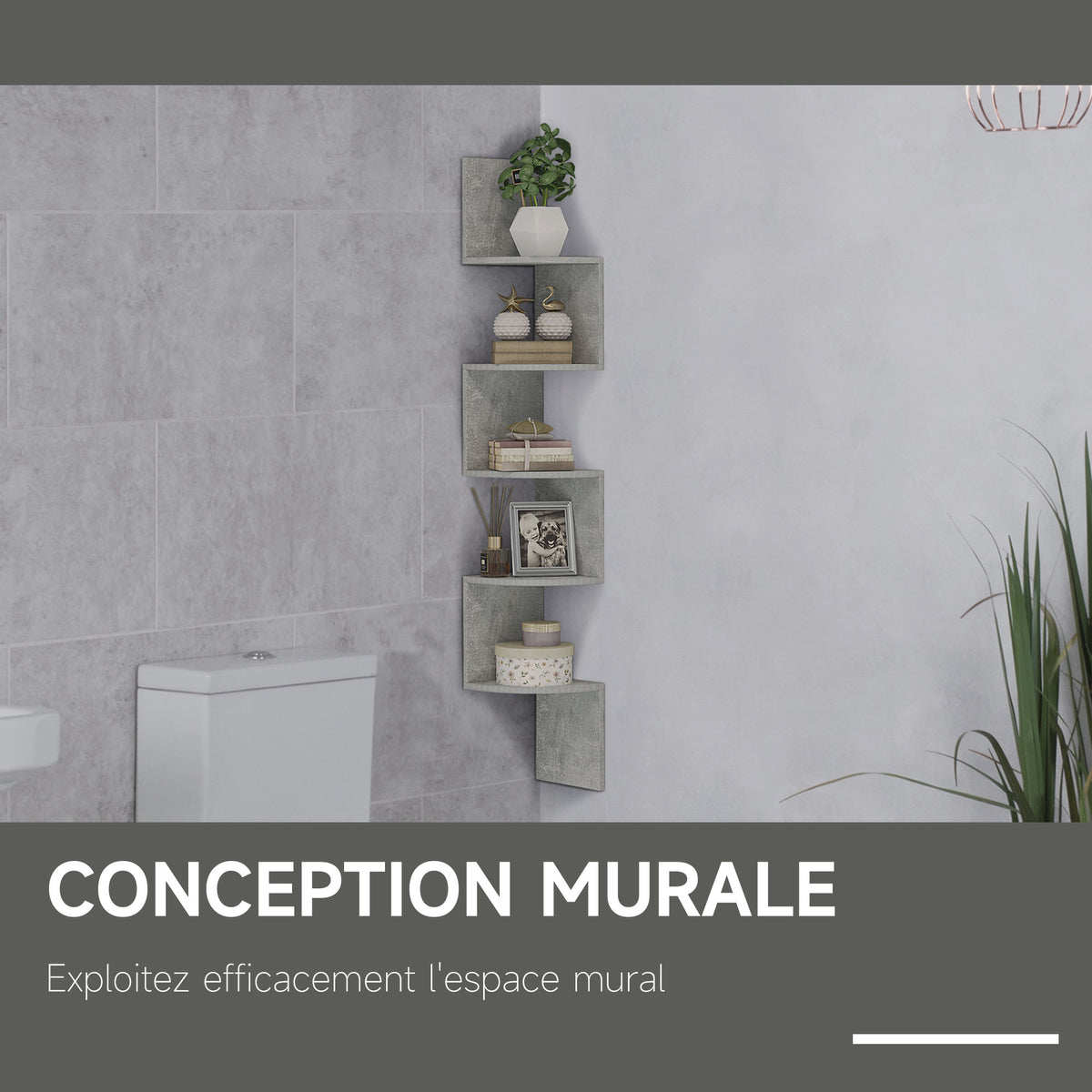 Étagère d'angle Murale de Rangement Forme Zigzag 20L x 20l x 126H cm 5 Niveaux Bois Gris