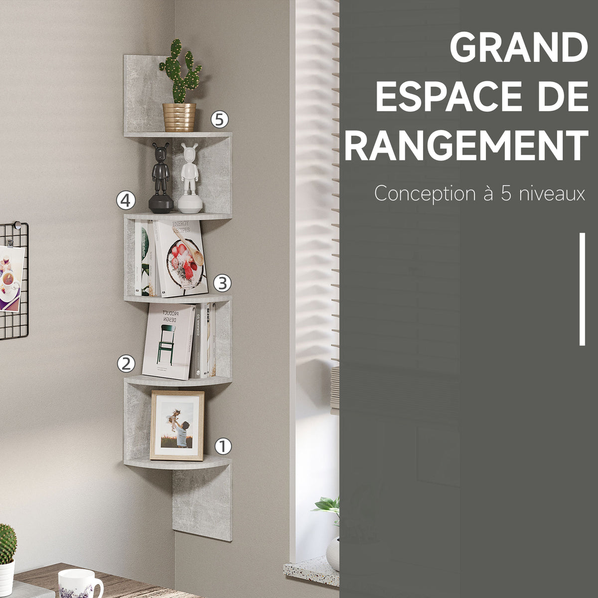 Étagère d'angle Murale de Rangement Forme Zigzag 20L x 20l x 126H cm 5 Niveaux Bois Gris