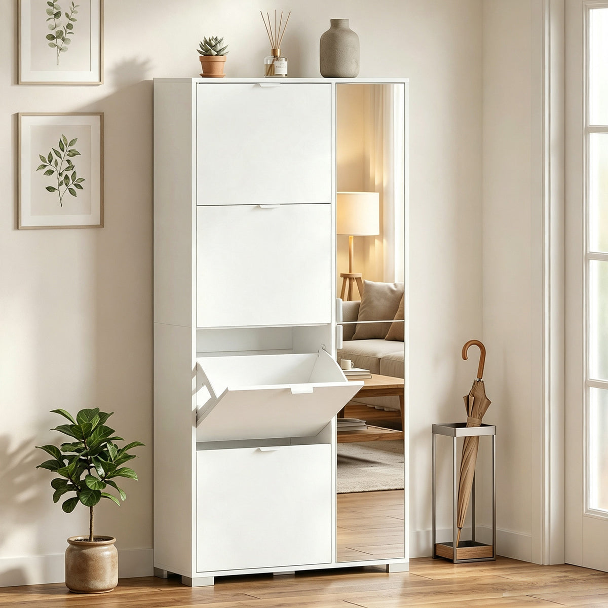 Meuble à chaussures 16 paires armoire à chaussures 4 tiroirs rabattables 2 portes en miroir étagères réglables blanc