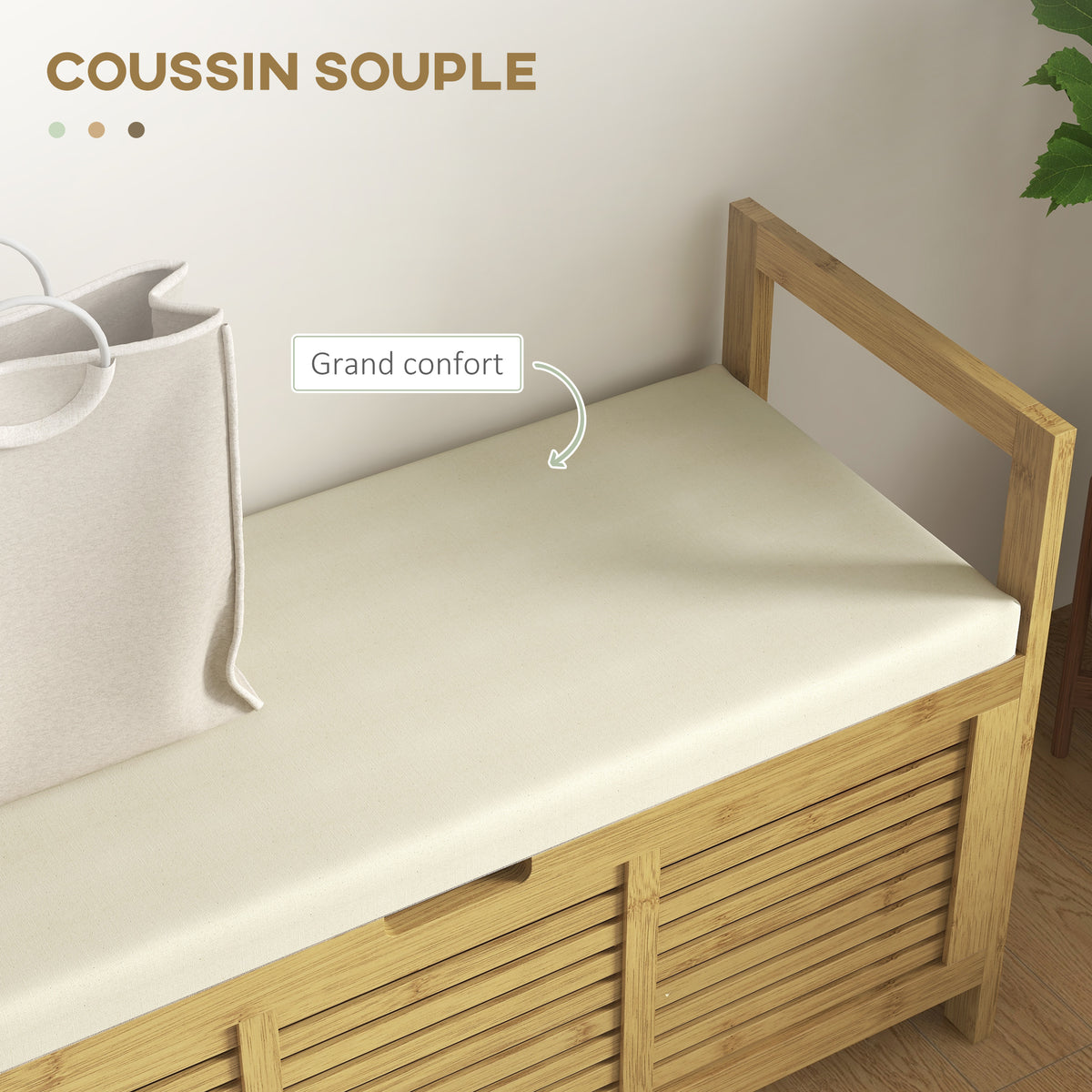 Banc de rangement avec compartiment caché sous assise pour entrée coussin et accoudoir 100 x 40 x 60 cm naturel