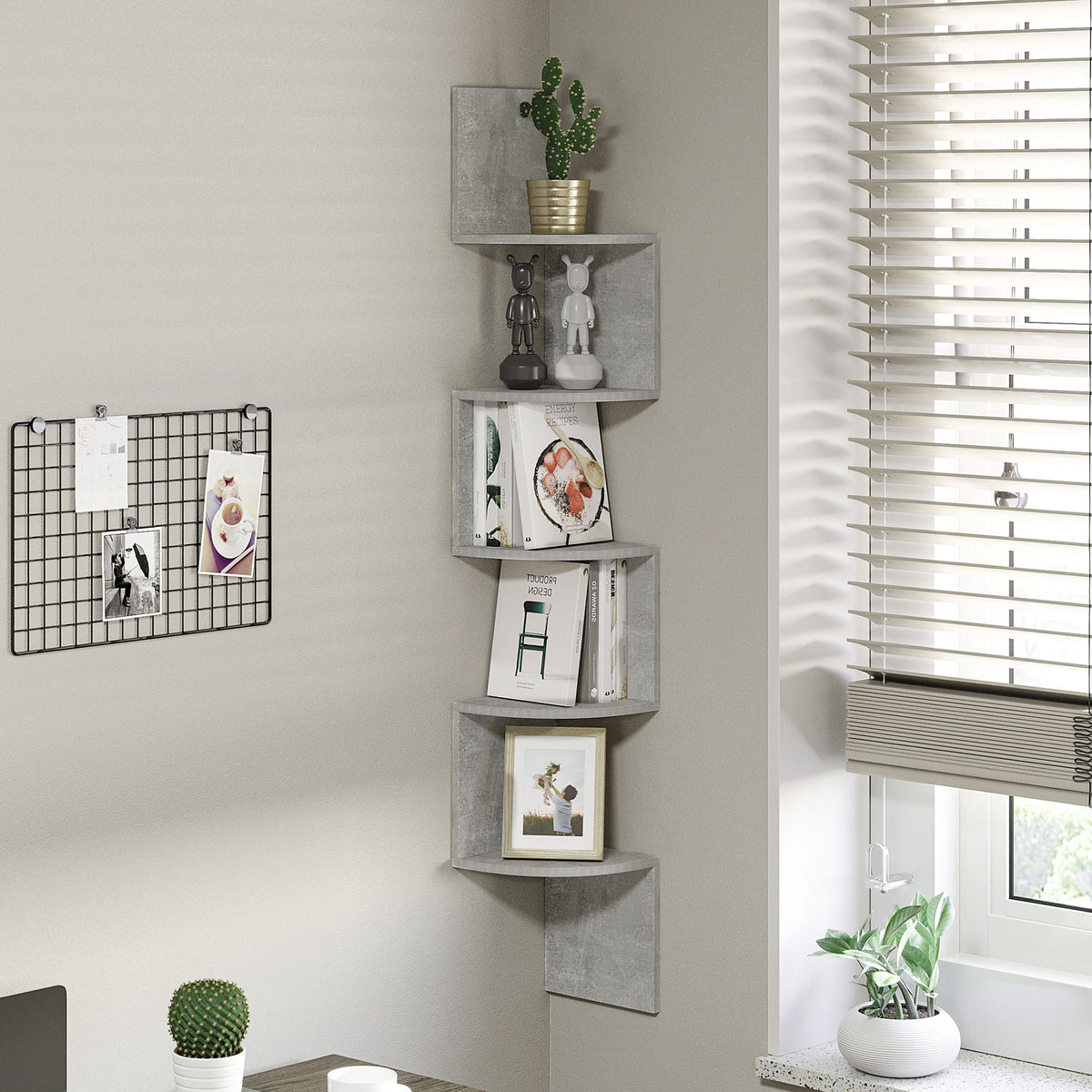 Étagère d'angle Murale de Rangement Forme Zigzag 20L x 20l x 126H cm 5 Niveaux Bois Gris