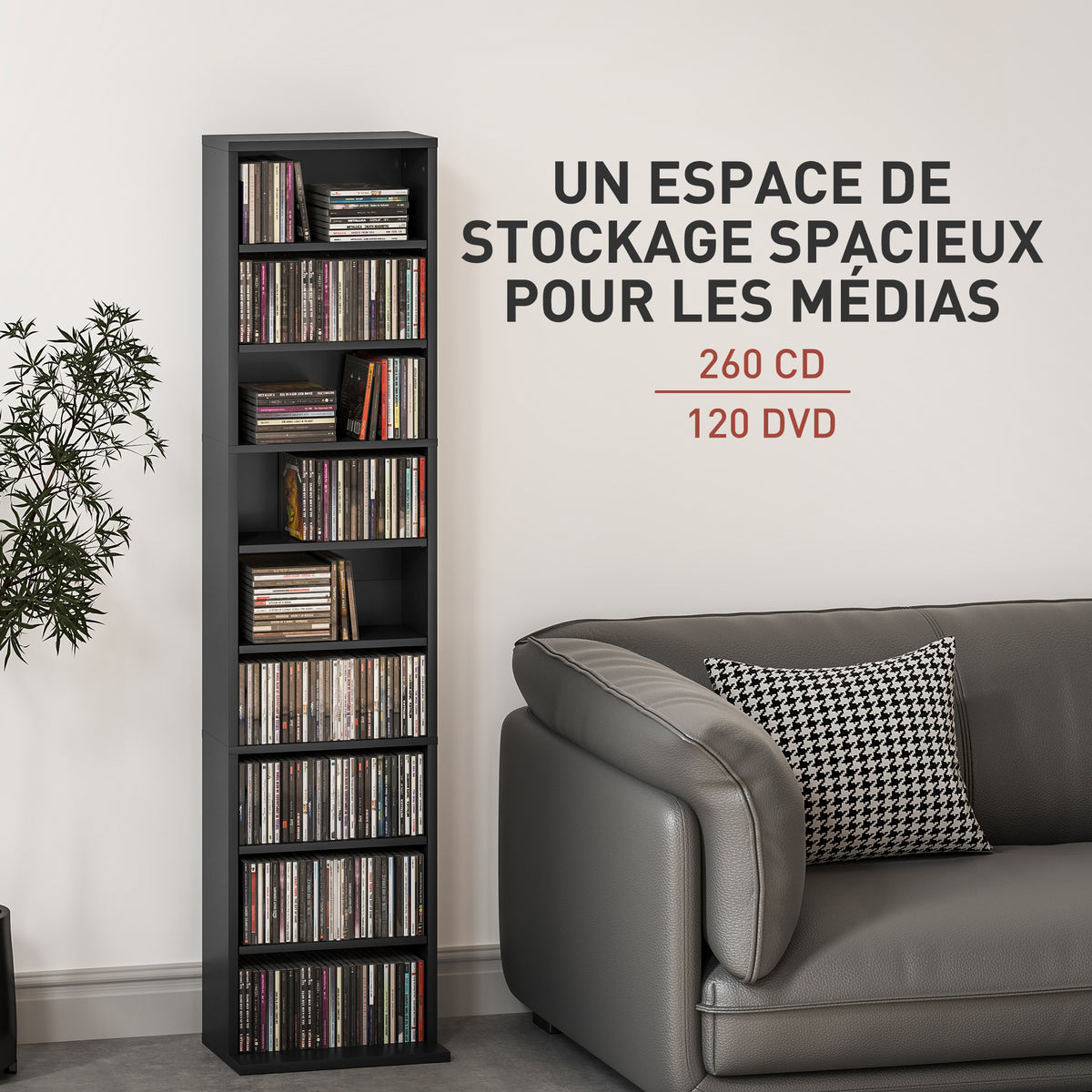Rangements pour CD et DVD 9 compartiments et 6 étagères réglables capacité max. 260 CD/120 DVD 33 x 24 x 140 cm noir
