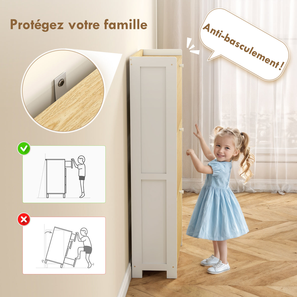 Meuble à chaussures 18 paires avec 3 tiroirs rabattables, portes en bambou à lattes, 60x24x118cm, blanc et bois naturel