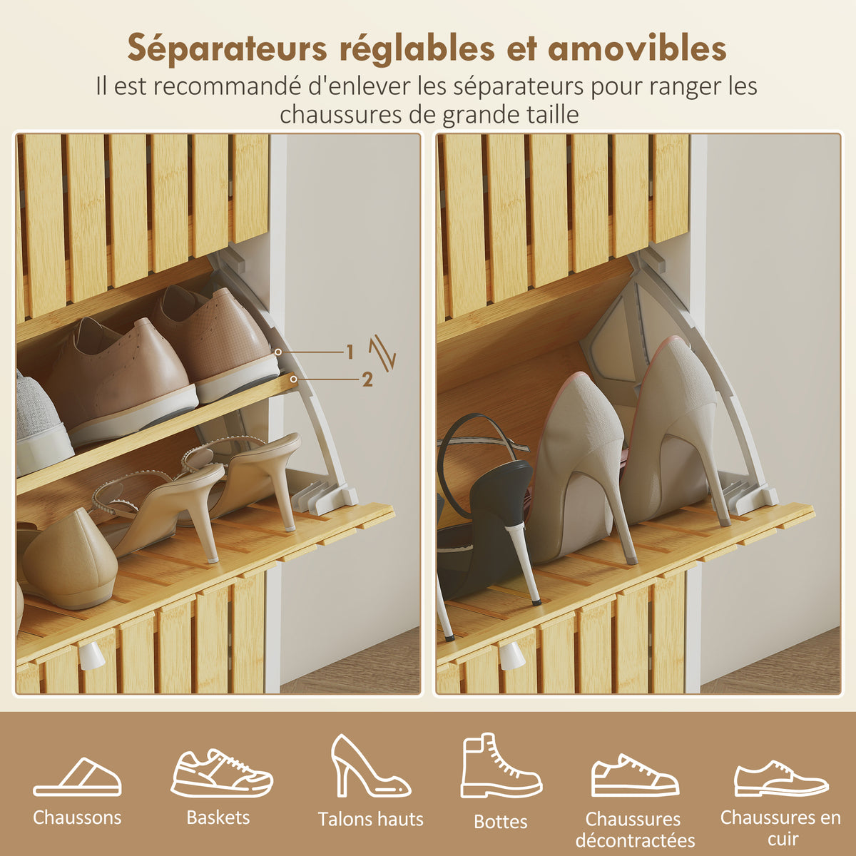 Meuble à chaussures 18 paires avec 3 tiroirs rabattables, portes en bambou à lattes, 60x24x118cm, blanc et bois naturel