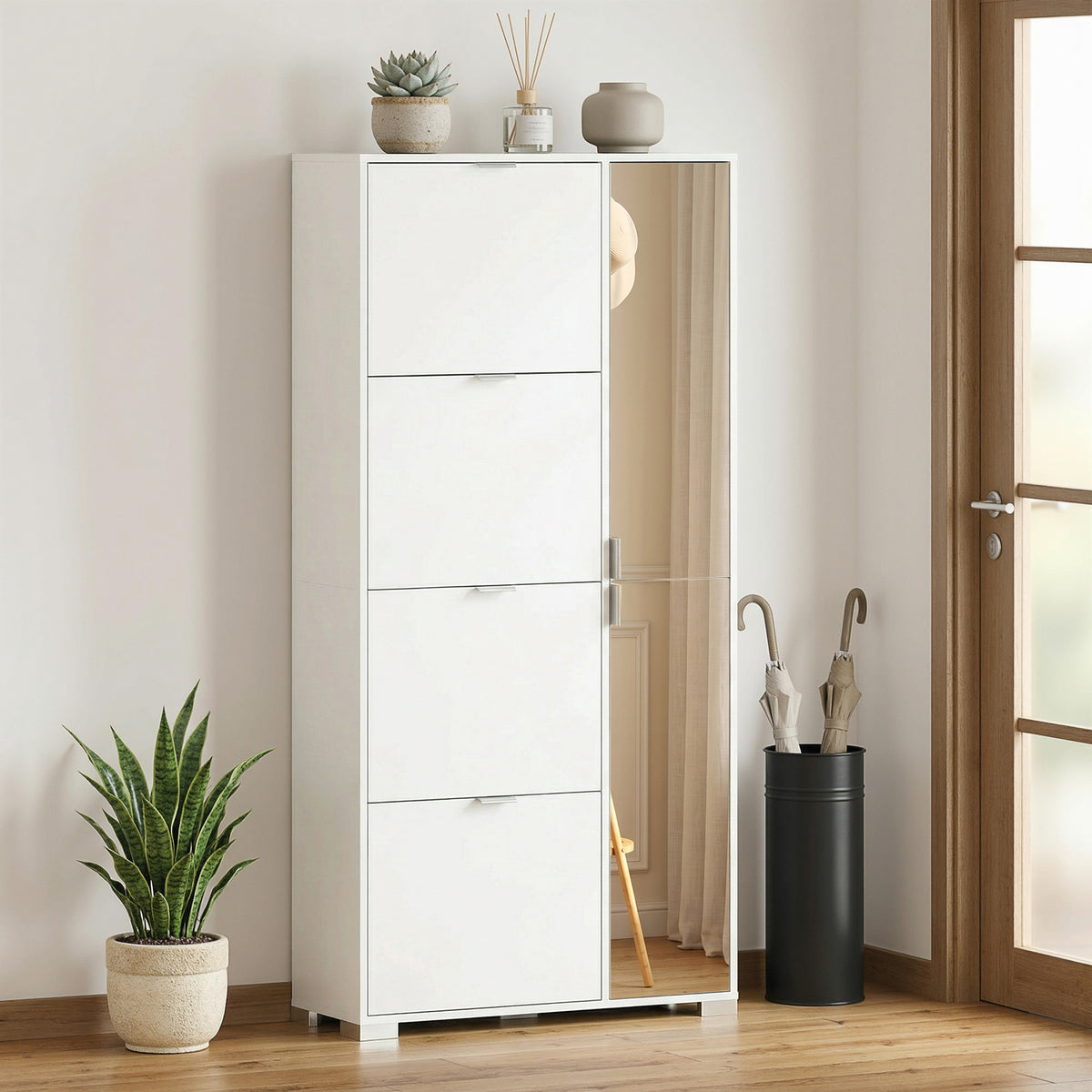 Meuble à chaussures 16 paires armoire à chaussures 4 tiroirs rabattables 2 portes en miroir étagères réglables blanc