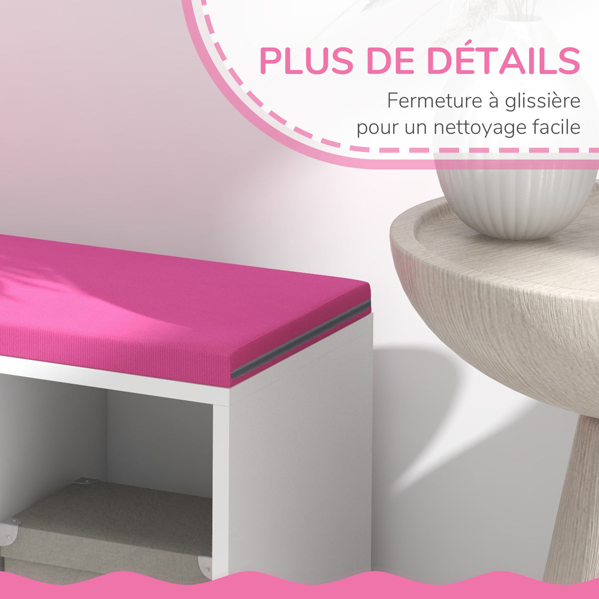 Bibliothèque banc 2 en 1 avec 5 compartiments de rangement et 2 coussins 108 x 30 x 60 cm blanc rose