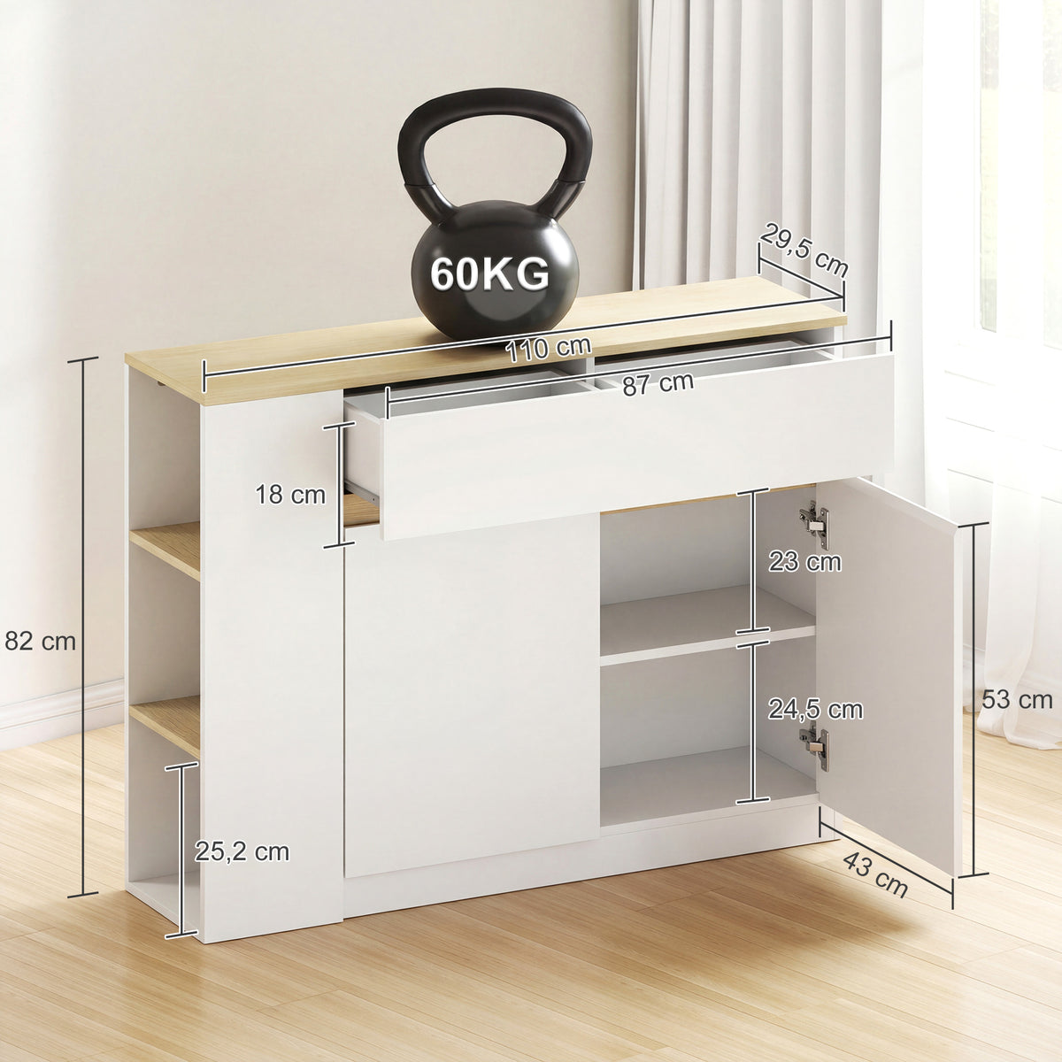 Buffet meuble de rangement avec 2 tiroirs 3 étagères ouvertes et placard 2 portes 110 x 29,5 x 82 cm blanc