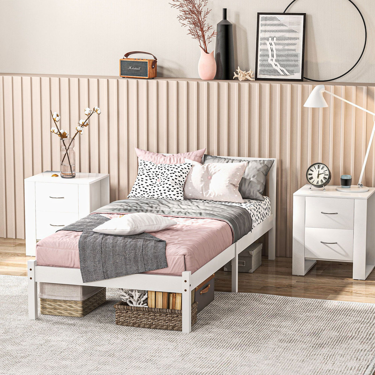 Cadre de lit en bois massif 90x190 cm lit simple avec tête de lit et sommier à lattes solide pour enfants adultes