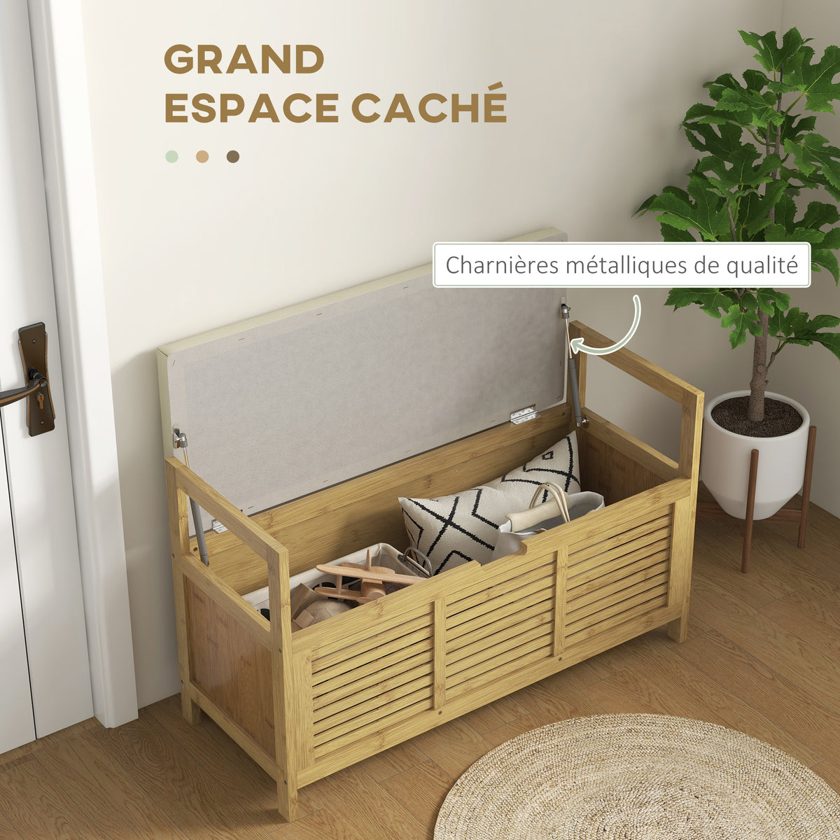 Banc de rangement avec compartiment caché sous assise pour entrée coussin et accoudoir 100 x 40 x 60 cm naturel