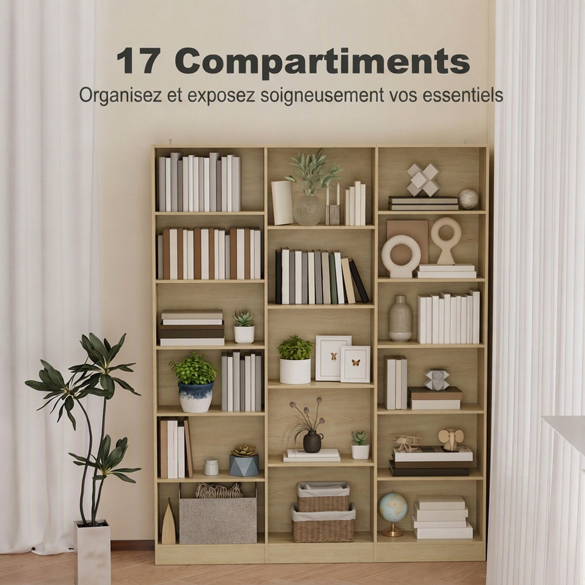 Bibliothèque 6 Niveaux, Étagère de Rangement avec 17 Compartiments et Étagères Réglables, 149 x 23,6 x 188 cm, Chêne