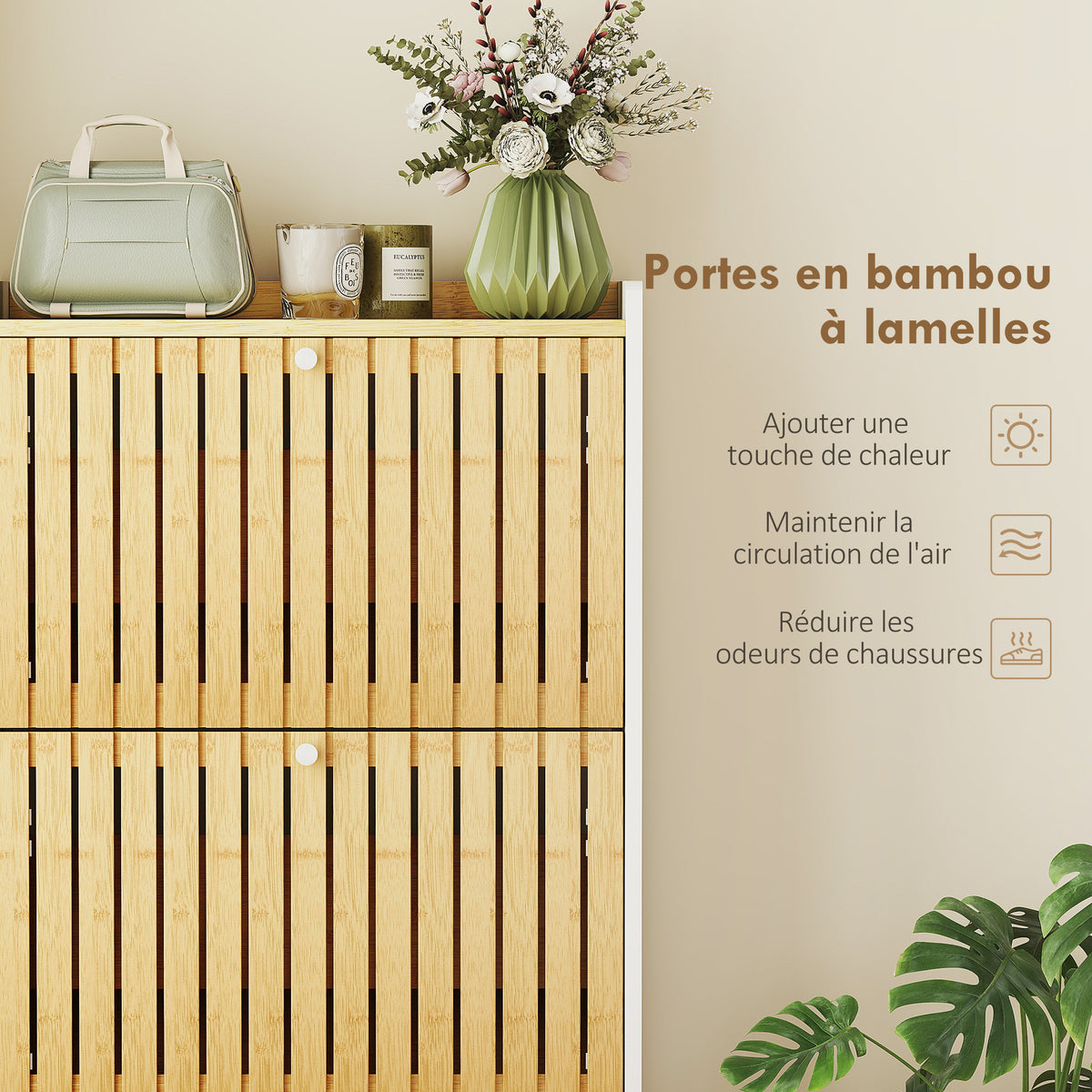 Meuble à chaussures 18 paires avec 3 tiroirs rabattables, portes en bambou à lattes, 60x24x118cm, blanc et bois naturel