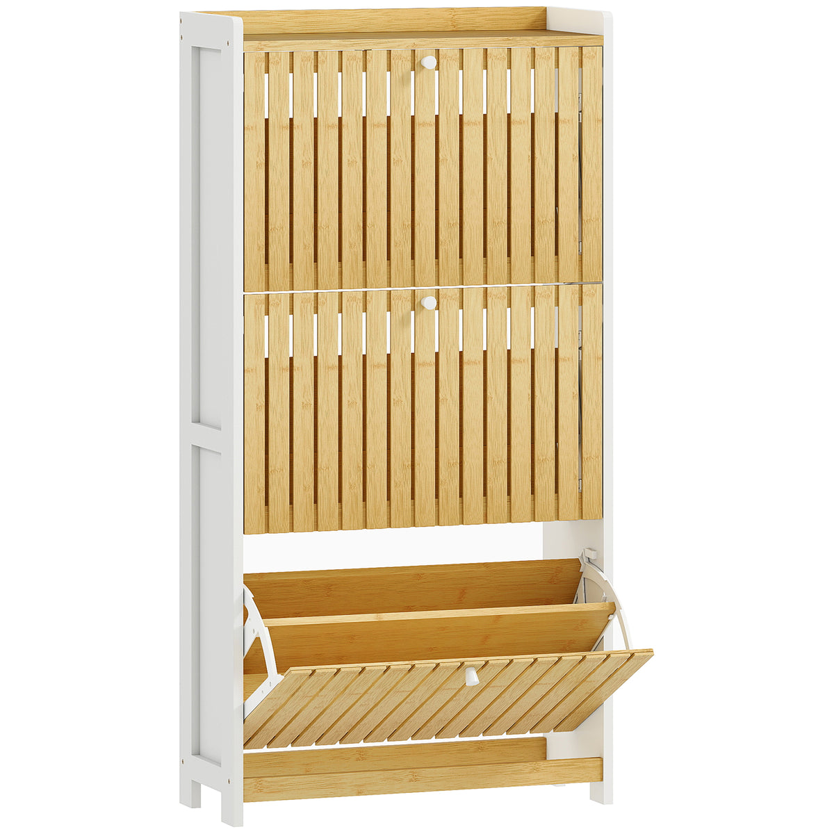 Meuble à chaussures 18 paires avec 3 tiroirs rabattables, portes en bambou à lattes, 60x24x118cm, blanc et bois naturel