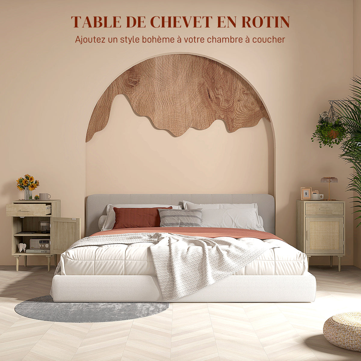 Lot de 2 tables de chevet avec placard et étagère porte rotin tissé 1 tiroir design bohème - 40 x 40 x 68,5 cm naturel