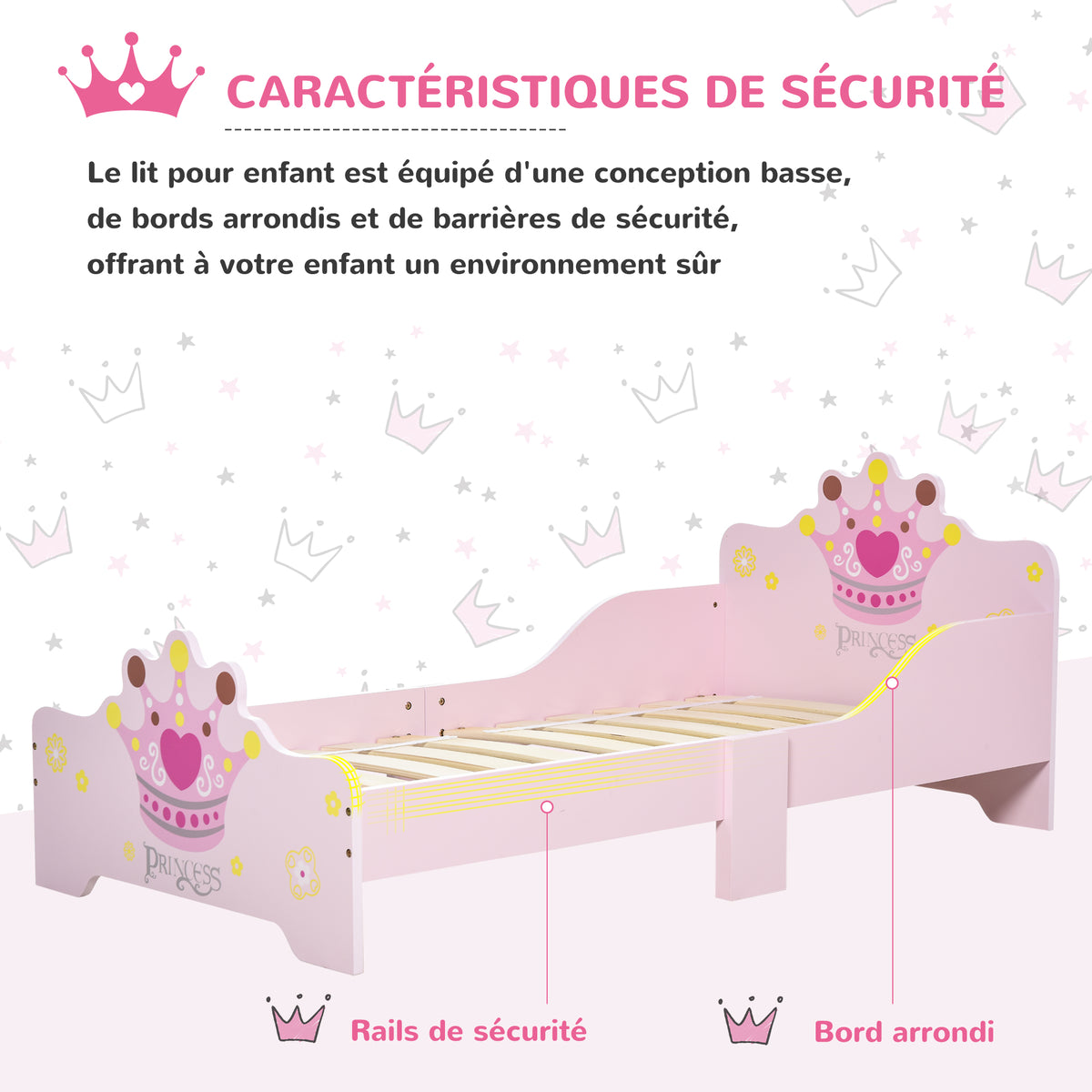 Lit Enfant 140 x 70 cm - lit d'enfant Design Princesse Motif Couronne - sommier à Lattes Inclus - MDF Contre-plaqué Rose