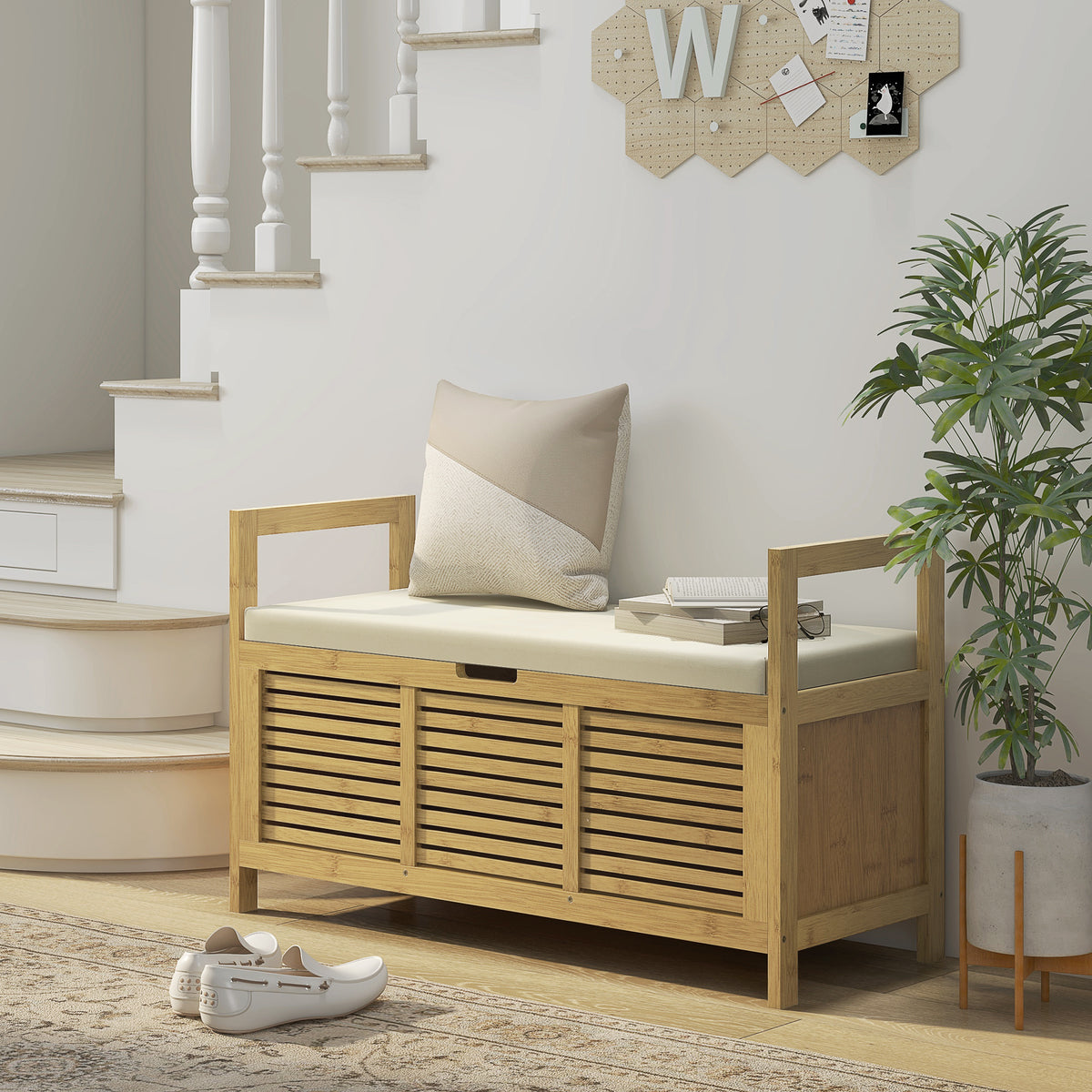 Banc de rangement avec compartiment caché sous assise pour entrée coussin et accoudoir 100 x 40 x 60 cm naturel