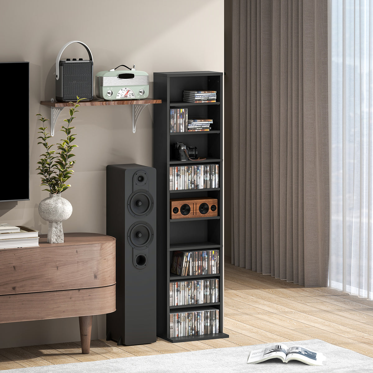 Rangements pour CD et DVD 9 compartiments et 6 étagères réglables capacité max. 260 CD/120 DVD 33 x 24 x 140 cm noir