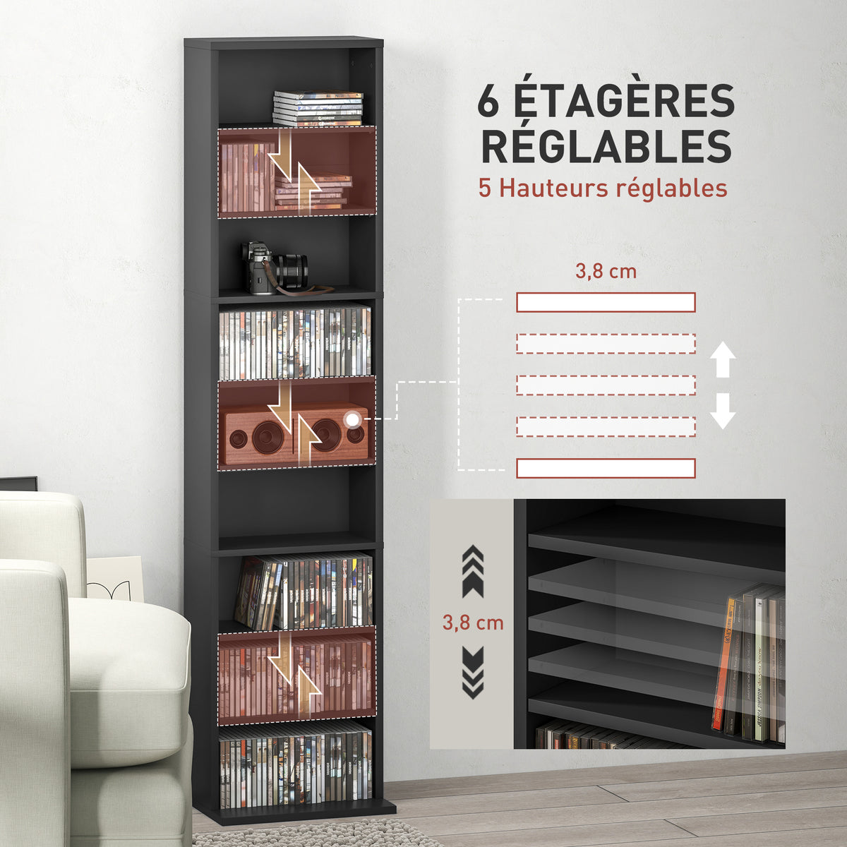Rangements pour CD et DVD 9 compartiments et 6 étagères réglables capacité max. 260 CD/120 DVD 33 x 24 x 140 cm noir