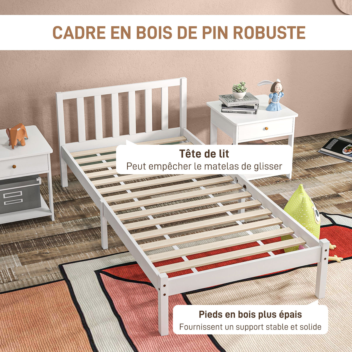 Cadre de lit en bois massif 90x190 cm lit simple avec tête de lit et sommier à lattes solide pour enfants adultes